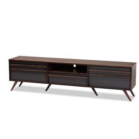 Baxton Studio Naoki Grey and Walnut Wood TV Stand with Drop-Down Compartments 168-10928